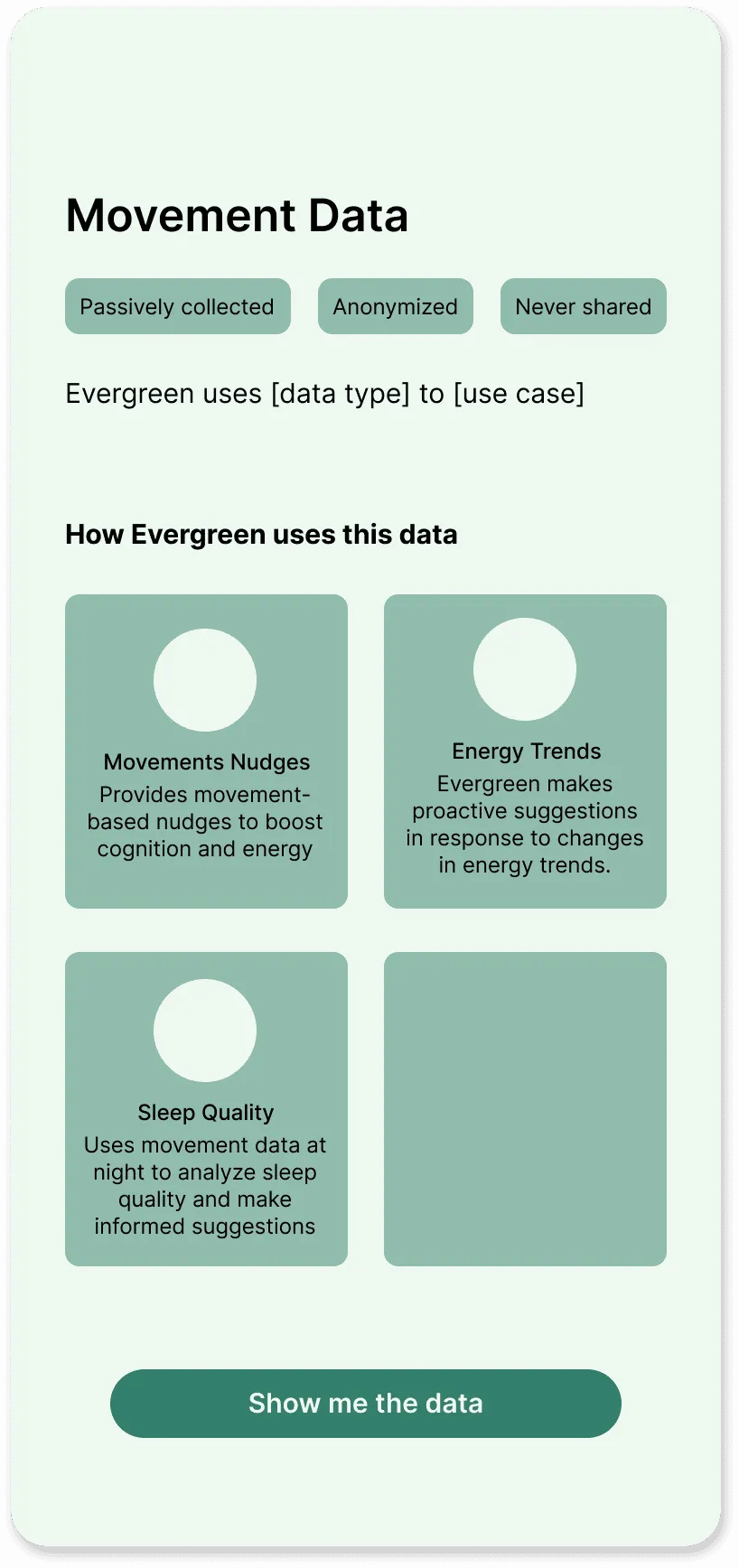 Per-data-type screens spelling out how Evergreen would use GPS, movement, wifi, gyroscopic, calendar, biometric, phone usage, and ambient environment data (2 of 8)
