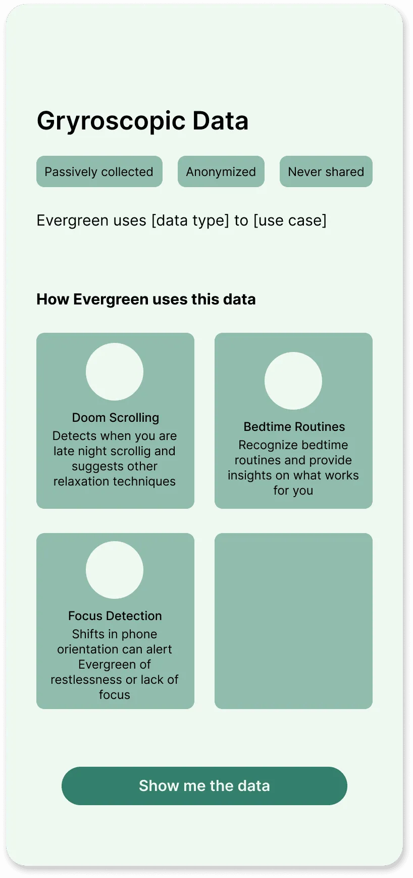 Per-data-type screens spelling out how Evergreen would use GPS, movement, wifi, gyroscopic, calendar, biometric, phone usage, and ambient environment data (4 of 8)