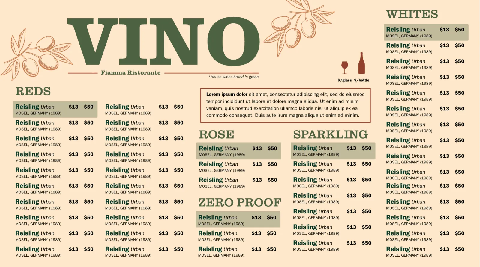 Green highlight differentiates the house wines