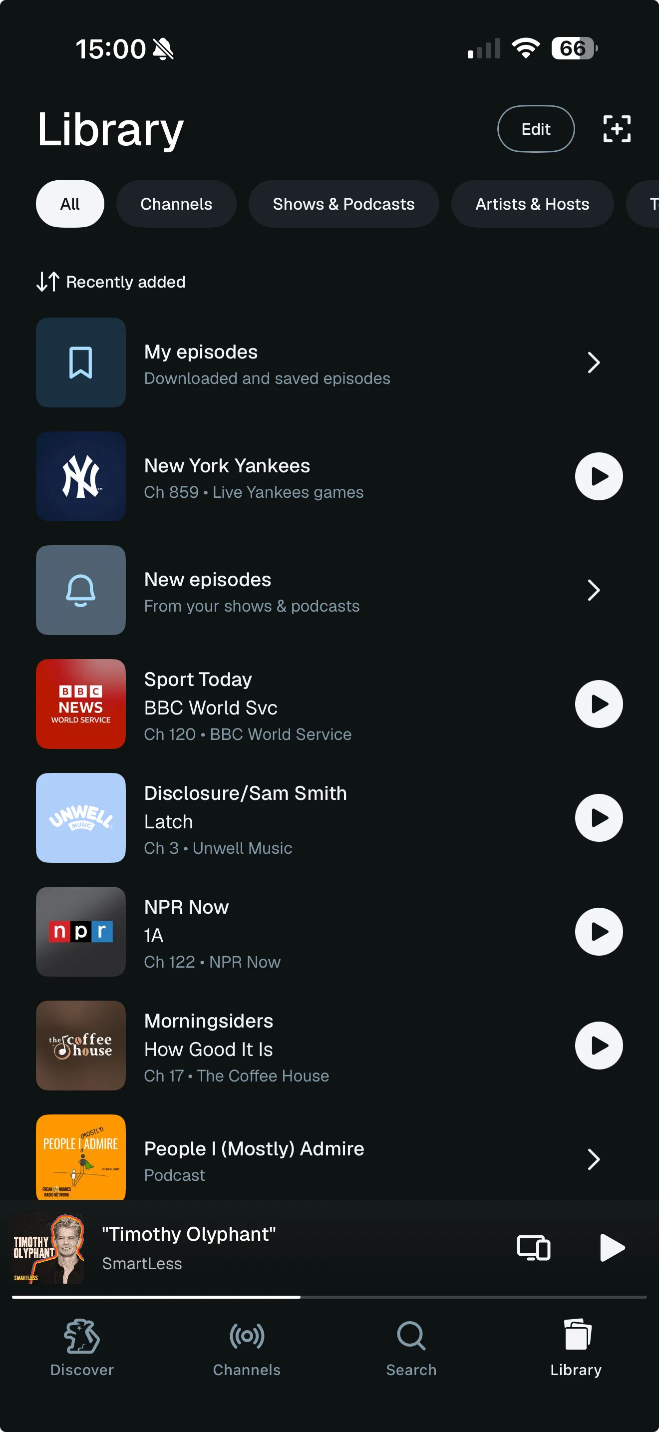 The current Library, with My episodes and New episodes listed as folders alongside channels and shows