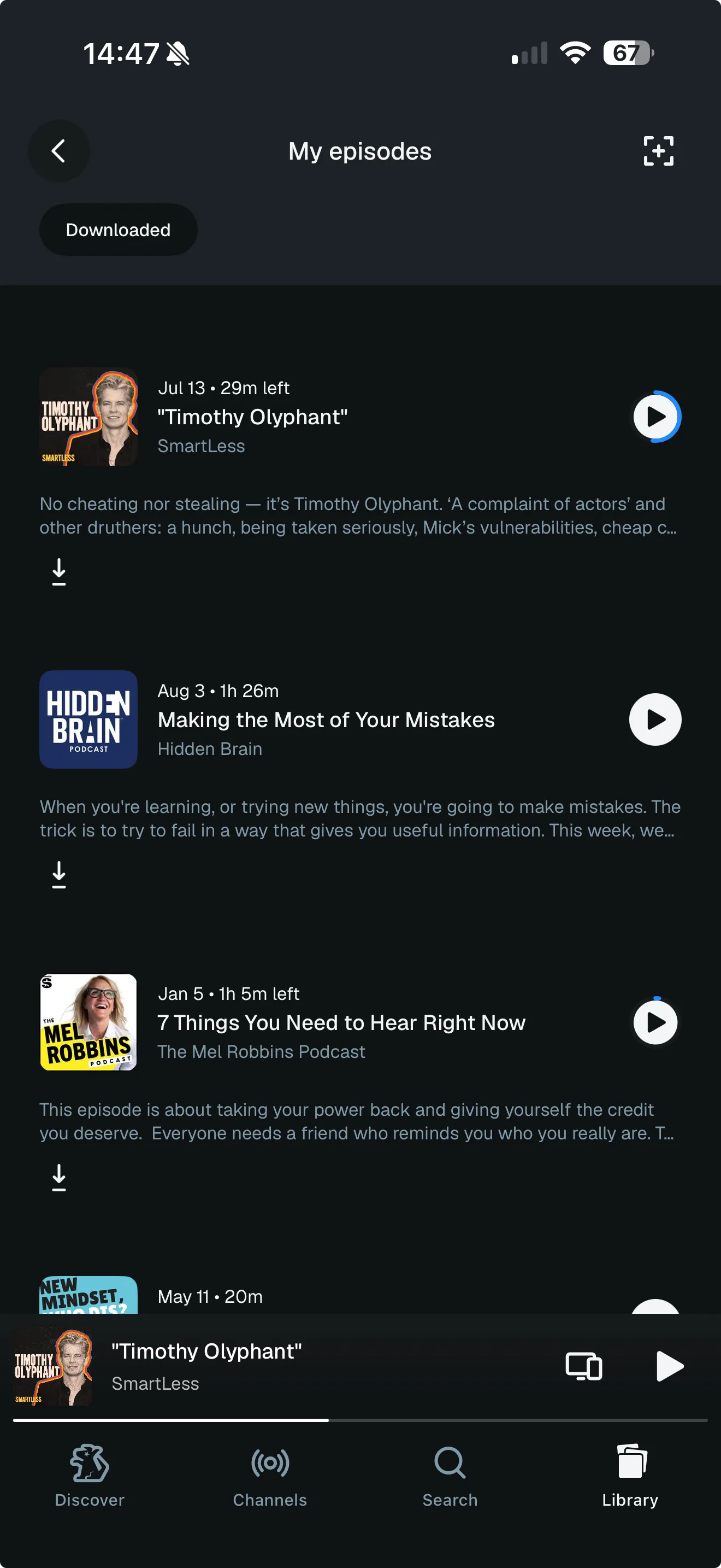 The My episodes list, filtered by Downloaded, each row carrying a download icon