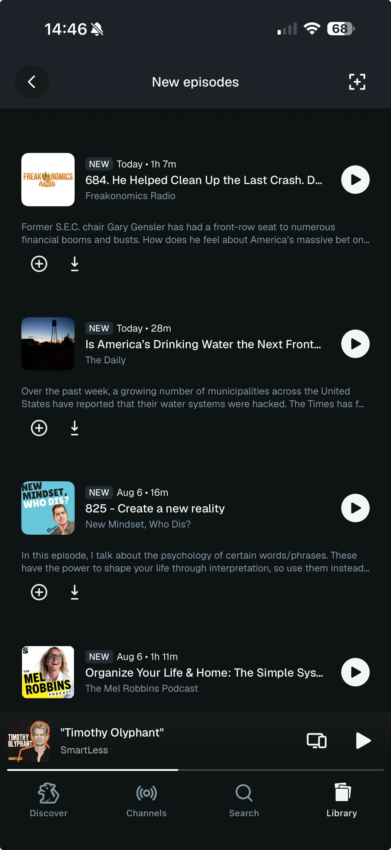 The New episodes list, each row carrying a save icon and a download icon