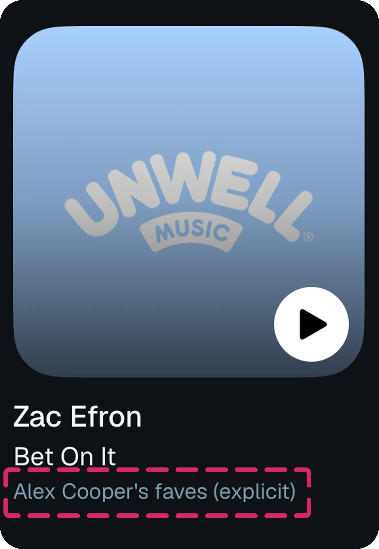 A Zac Efron tile with Alex Cooper's faves (explicit) ringed in the subtitle
