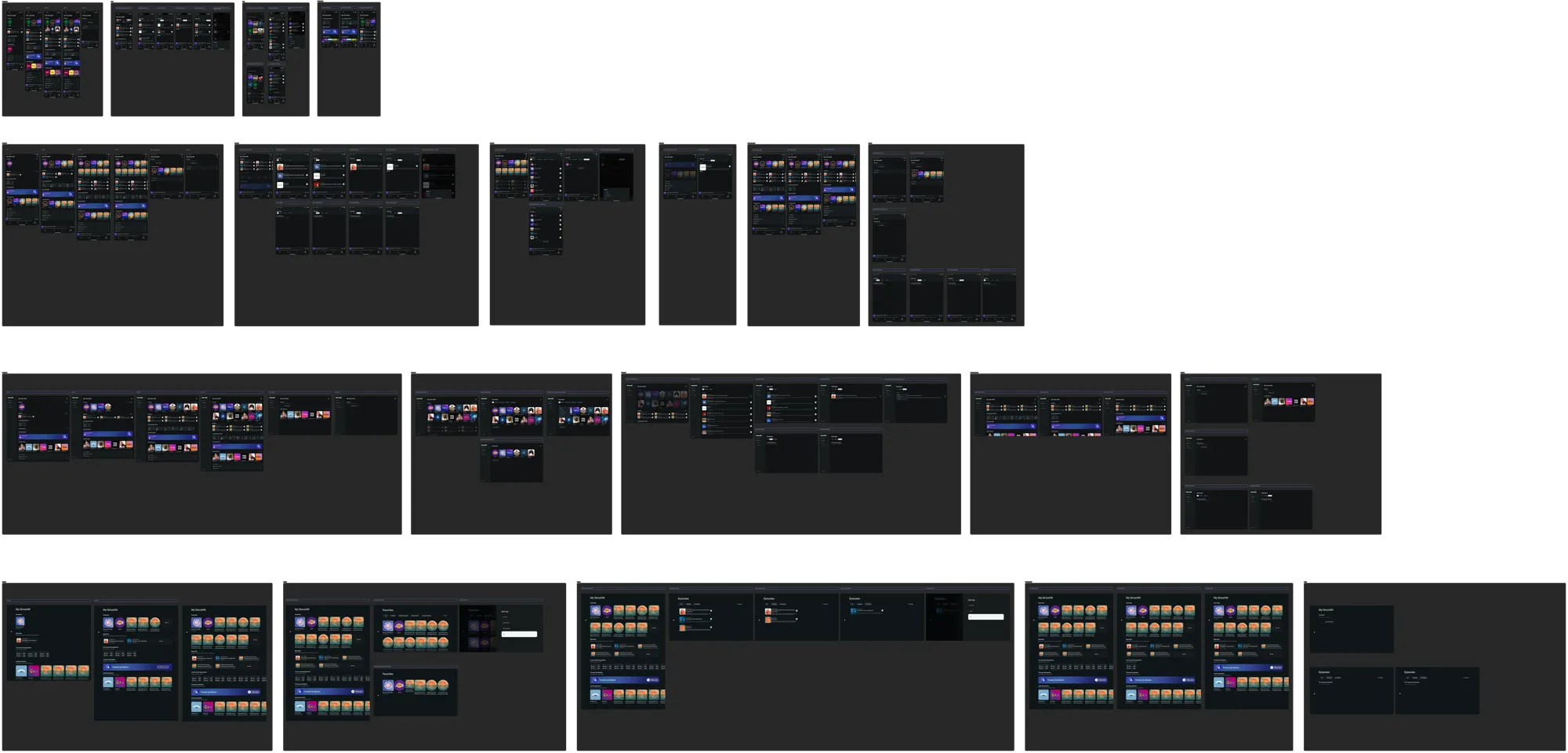 The full design file: four rows of frames, one per breakpoint, covering every state of the Episodes and Favorites pages