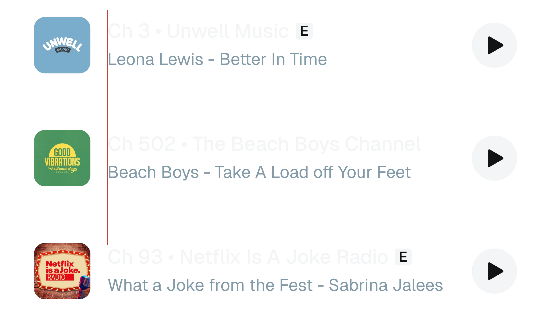 A list where every row begins with the channel number and the badge trails the title