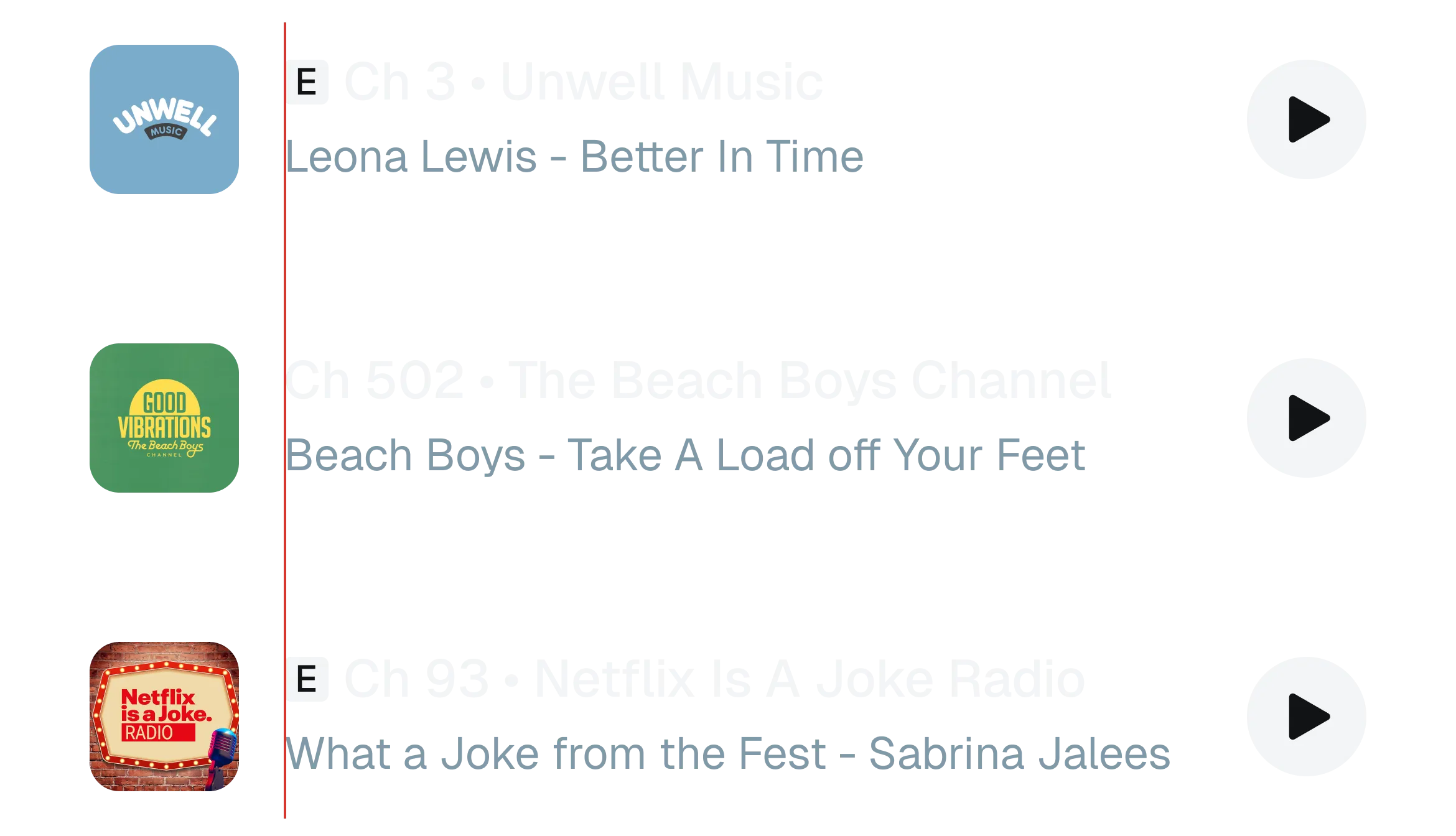 A list where the channel numbers no longer line up down the column because some rows begin with a badge