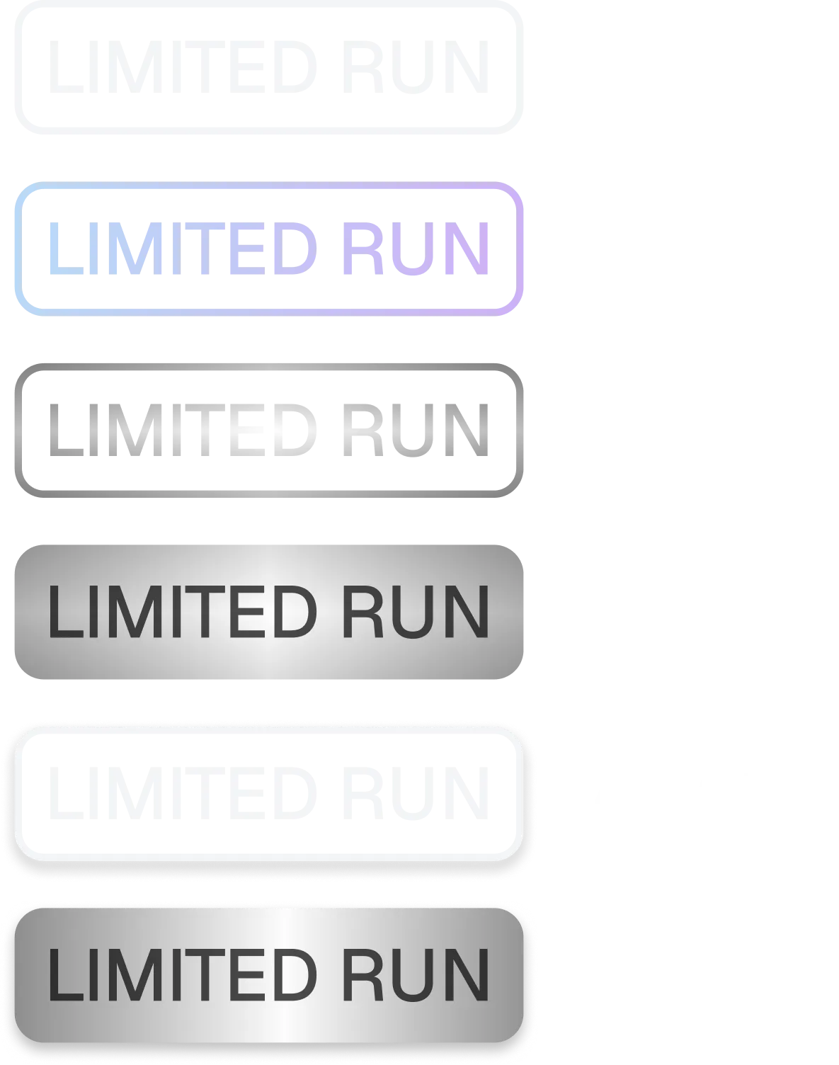 Six limited run badge iterations stacked in order, from a plain outline through a coloured gradient outline to a filled silver gradient