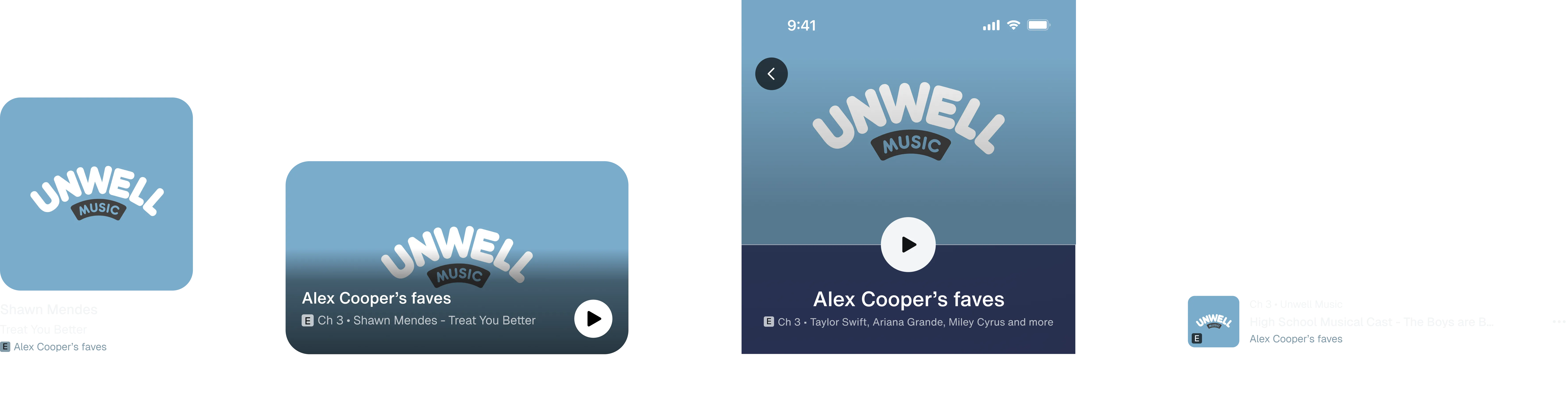 The E badge shown across tiles, heroes, entity pages and lists, sitting over the artwork thumbnail on the list row