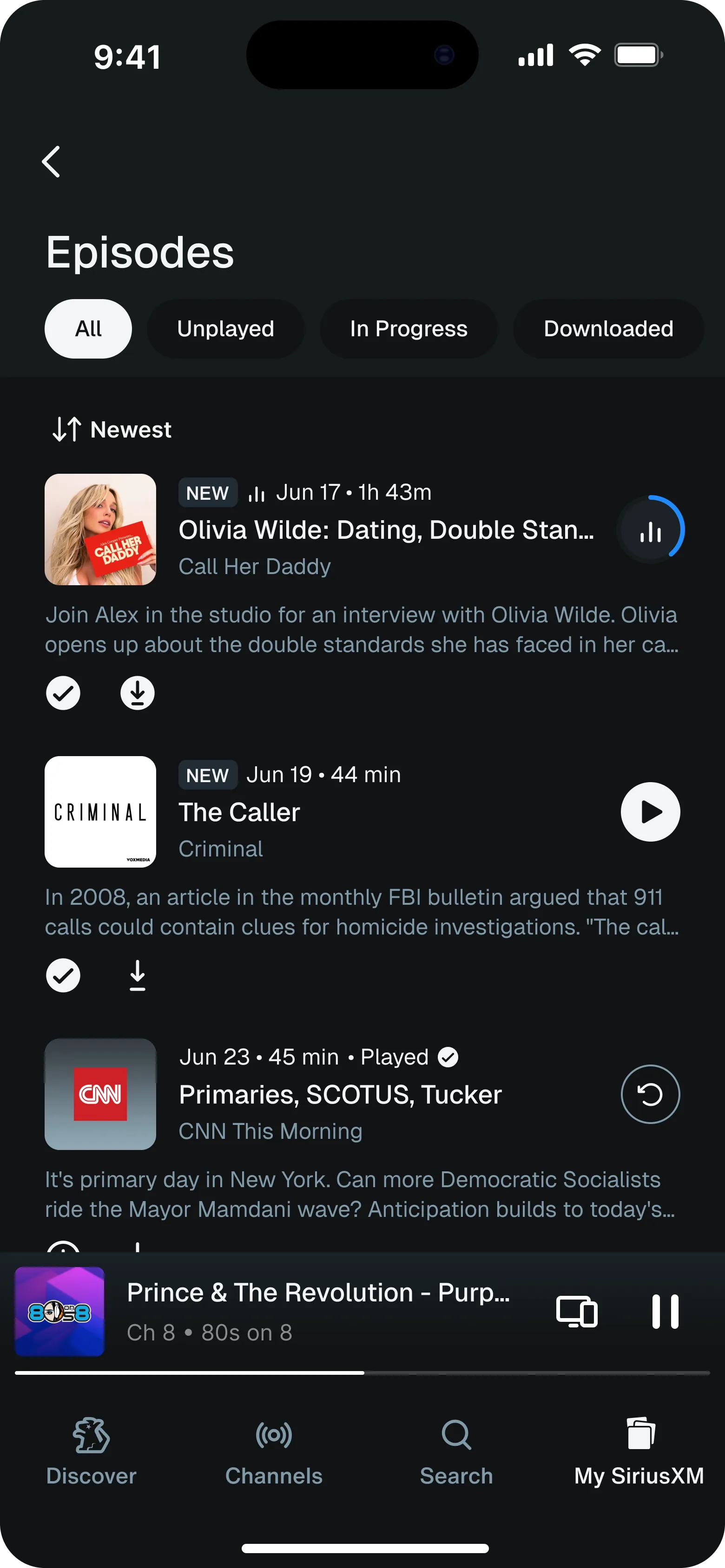 The shipped Episodes page, each row carrying a save tick and a download arrow that fill in once the episode is saved or downloaded