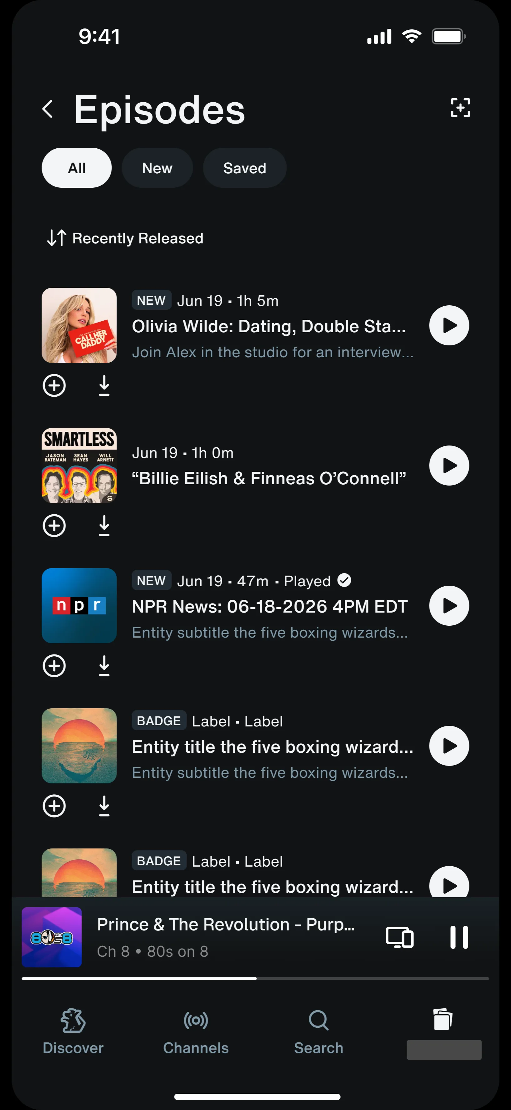 The specced Episodes page with All, New and Saved filter pills