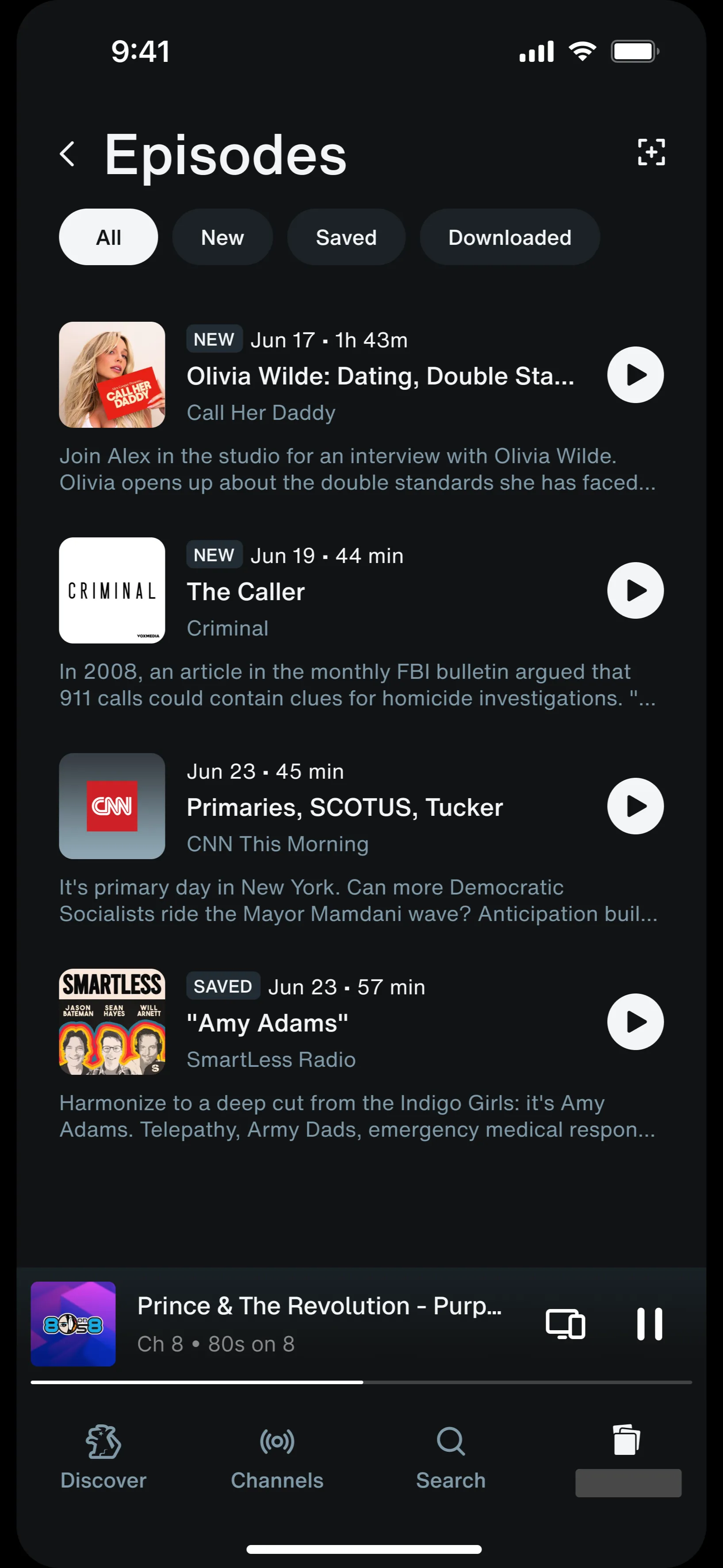 The Episodes page as specified, with New, Saved and Downloaded filters and no secondary actions on any row